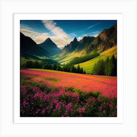 Pink Flowers In The Mountains Art Print