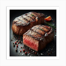 Two Steaks On A Black Background Art Print