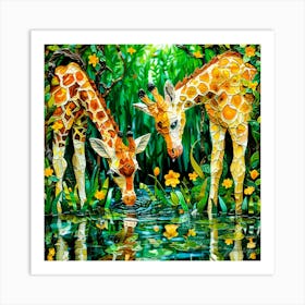 Giraffe Drinking Water- Giraffe Relative Art Print