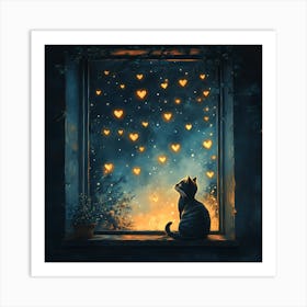 Dreamy Night Sky with Heart Stars Cat 13 Art Print