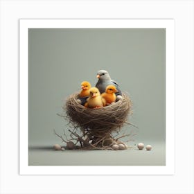 A bird and chicks in its nest Art Print