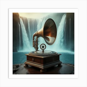 Gramophone In Front Of Waterfall Art Print