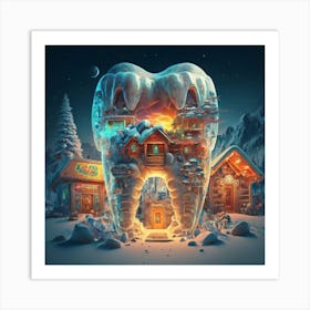 , a house in the shape of giant teeth made of crystal with neon lights and various flowers 13 Art Print