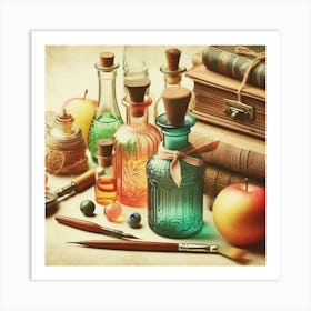 Book Of Spells And Colorful Glass Bottles Art Print