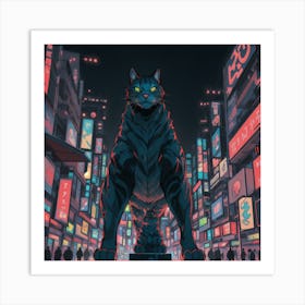 Gigantic Cat In The City At Night Art Print