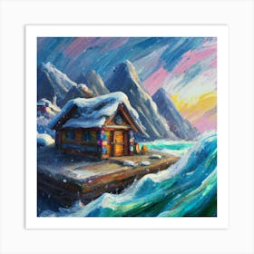 Acrylic and impasto pattern, mountain village, sea waves, log cabin, high definition, detailed geometric 1 Art Print