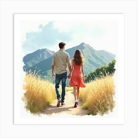 Fashionable Couple In Watercolor Fashion, Picturesque Mountain Range 1 Art Print