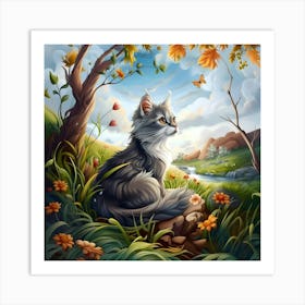 Cat And Butterfly Art Print