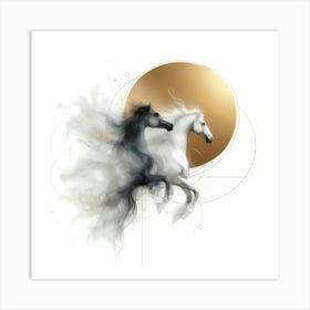 Creative Minimal Horses Illustration In Black And Gold Art Print