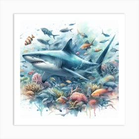 Sea Shark In Motion, Sea Shark Watercolour Art Print 2 Art Print