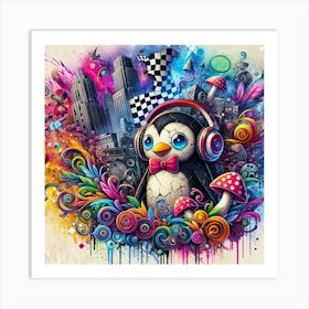 Penguin With Headphones 5 Art Print