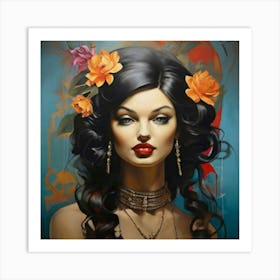 Woman With Flowers In Her Hair Art Print