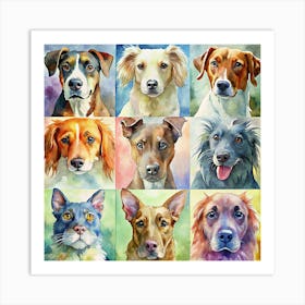 Watercolor Collage Of Nine Different Dog Breeds Art Print