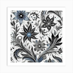 Batik, Black And White Floral Pattern 1 Art Print