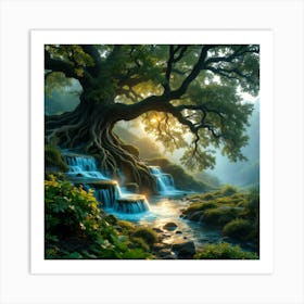 Waterfall Beside A Tree Art Print