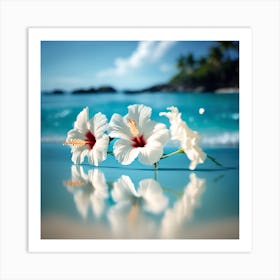 Blue Sea Reflections with White Hibiscus Flowers 1 Art Print