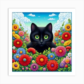 Black Cat In The Flowers Art Print