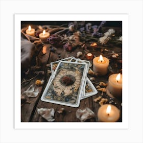 Tarot Cards Are Lying On A Wooden Table With Burning Candles And Dried Flowers For A Spiritual Atmosphere(1) Art Print