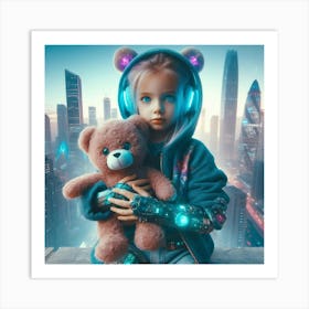 Futuristic Girl Holding Teddy Bear Art Print