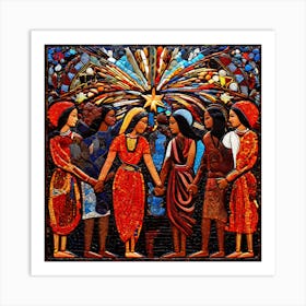 Sacrificial Offering, An Image Showing A Mosaic Of Different Cultural Symbols And People From Various Backgrounds Holding Art Print