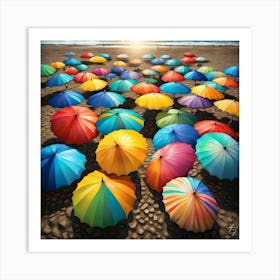 Brightly Colored Umbrellas Packed On A Sandy  Beach  Art Print