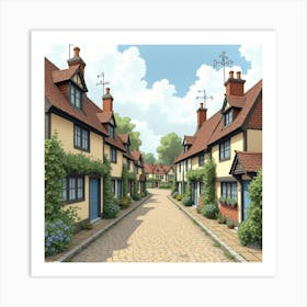 A Picturesque English Village With Cobblestone Streets, Watercolor Style 1 Art Print