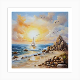 Oil painting design on canvas. Sandy beach rocks. Waves. Sailboat. Seagulls. The sun before sunset.34 Art Print