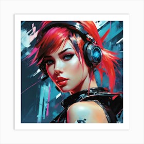 Girl With Headphones Art Print