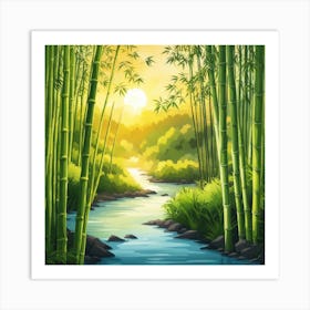 A Stream In A Bamboo Forest At Sun Rise Square Composition 52 Art Print