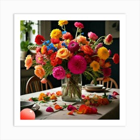 Table Setting With Colorful Flowers Art Print