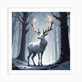 A White Stag In A Fog Forest In Minimalist Style Square Composition 65 Art Print
