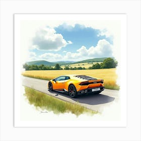 Watercolor Lamborghini Sián Cruising Through A Peaceful Countryside 1 1 Art Print