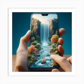 Huawei P20 Pro A smartphone whose screen displays a miniature view of a waterfall. Art Print