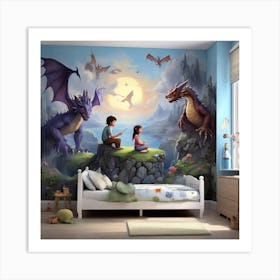Dragons In The Sky Painting Wall Art Print