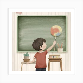 Boy Drawing On Chalkboard Art Print