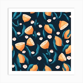 Night Lemon Pattern On Dark Blue Square Art Print