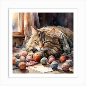 A cat taking a nap in the evening with wool balls scattered around and a warm winter atmosphere 3 Art Print