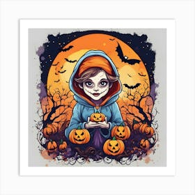 Halloween Girl With Pumpkins Art Print