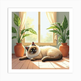 A Ragdoll Cat Lounging In A Sunny Room With Its Owner, Watercolor 1 Art Print