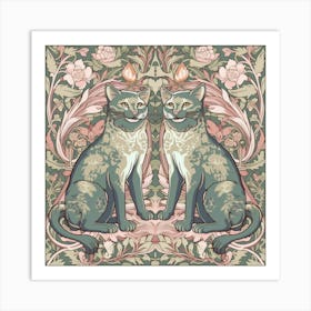 William Morris  Inspired  Classic Cats Smiley Cats Sage And Pink Square Art Print