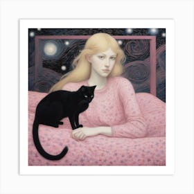 Night With A Black Cat Art Print