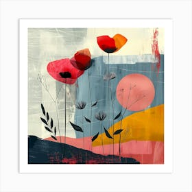 Abstract Poppy Flower Art Print With Textured Background Red Pink Yellow Blue And Grey Tones Art Print