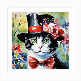 Floral Cat With Hat Painting (3) Art Print