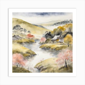 Japanese Landscape Painting Sumi E Drawing (8) Art Print
