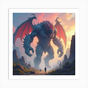 Titan Battling Monsters In A Colorful, Dreamy Watercolor World 1 Art Print