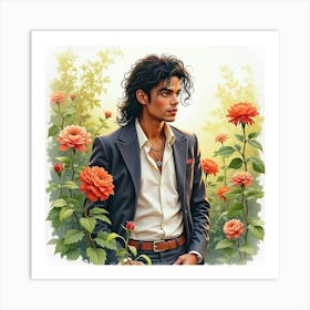 Watercolor Image Of Michael Jackson In A Peaceful Garden 1 Art Print