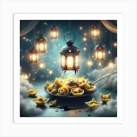 Plate Of Pasta With A Lantern Art Print