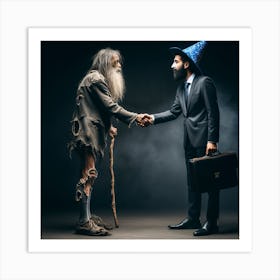 Businessman Shaking Hands With Old Wizard Art Print