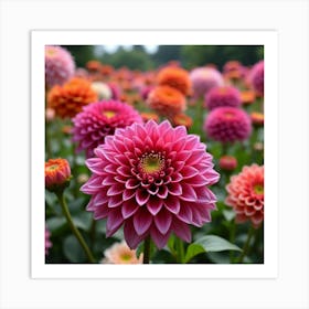 A Vibrant Garden Of Dahlias With Large, Colorful Blooms 2 Art Print