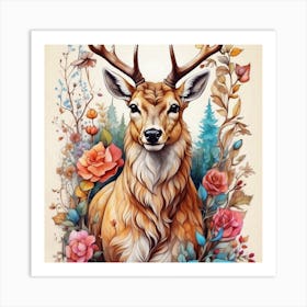 Deer With Roses, wall art, painting design Art Print